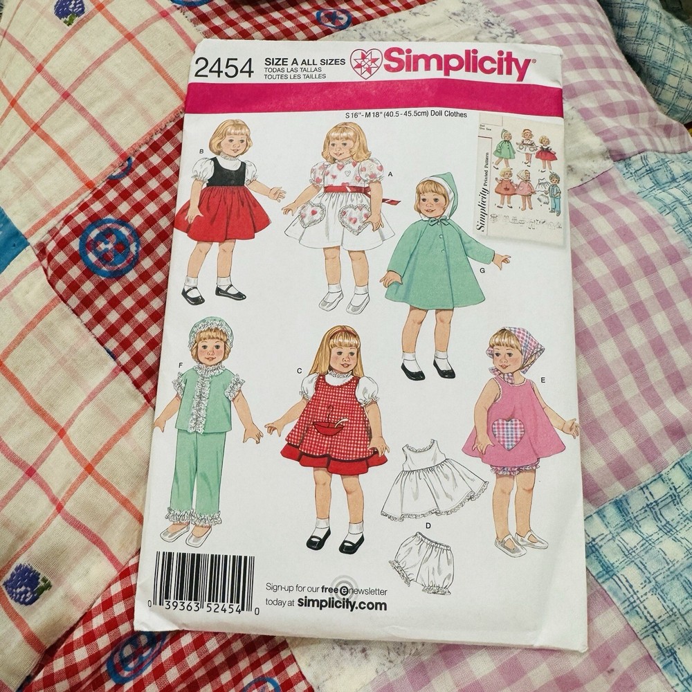SIMPLICITY 2454 SEWING PATTERN DOLL CLOTHES for 16"-18"