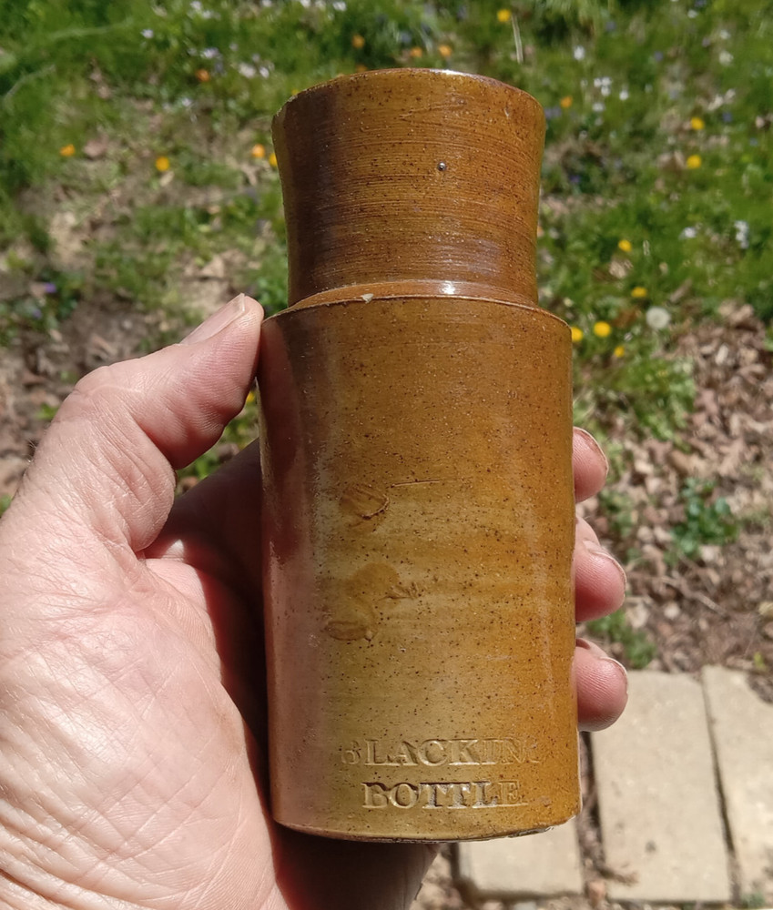 1870s BLACKING BOTTLE EMBOSSED STONEWARE WIDE MOUTH BOOT BLACKING BOTTLE