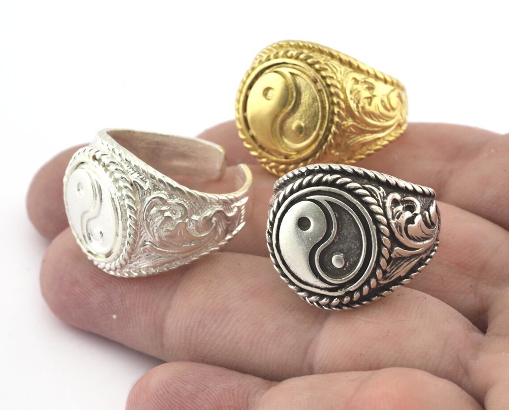 Yin Yang Ring Raw Brass-Antique Silver-Silver 9-12US size Adjustable 3045