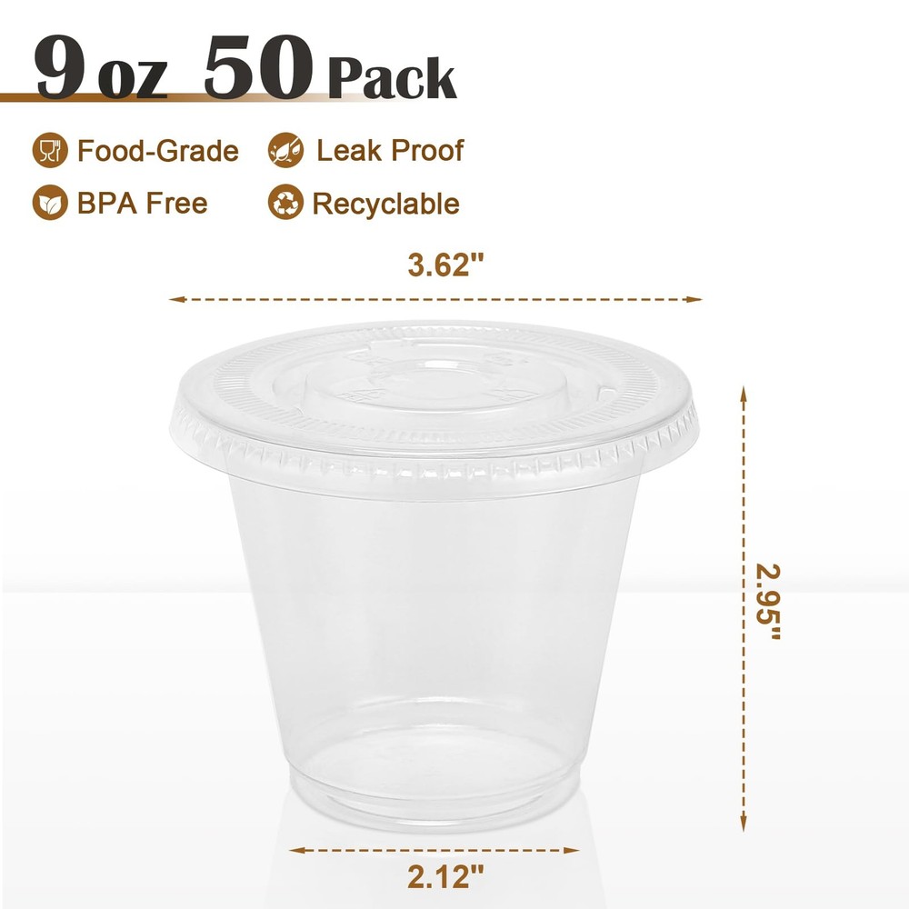 50 Pack 9oz Clear Plastic Parfait Cups with Flat Lids Dessert
