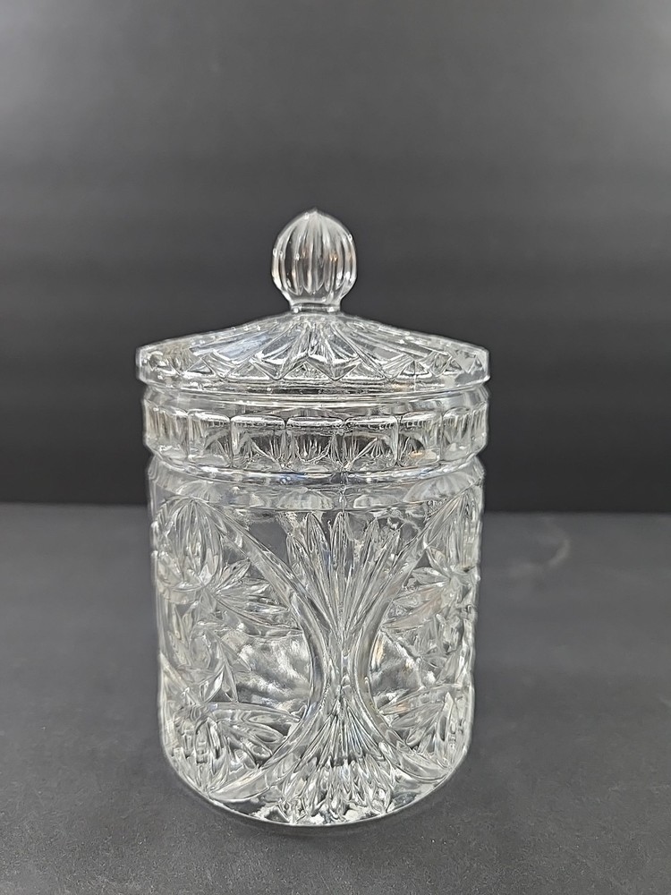 Vintage Pressed Cut Crystal Glass Lidded Vanity Jar 6"