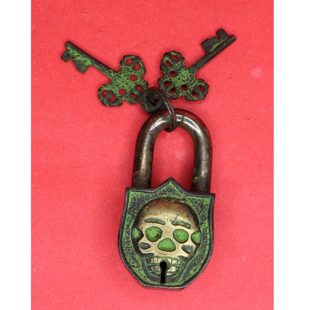 Devil Face Engraved Lock Antique Style Brass Handcrafted Padlock & Working Keys