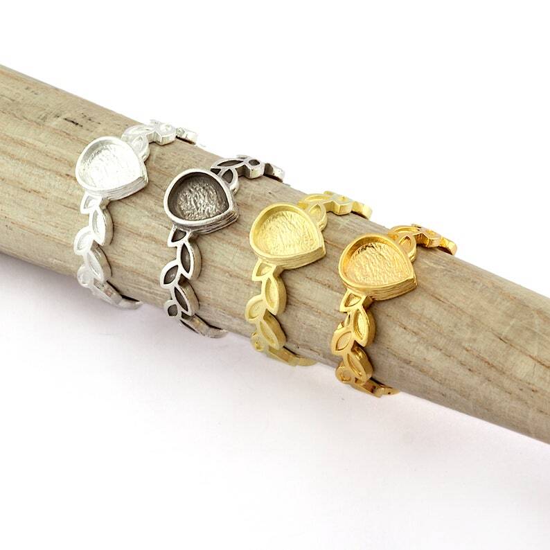 Leaf Band Ring,Bezel Setting Blank Raw Brass,Antique-Shiny silver 5415