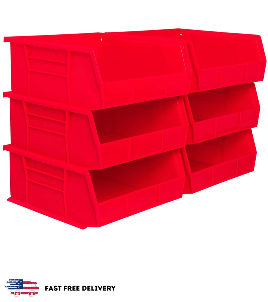 Stackable Red Storage Bins - 6-Pack for Garage & Pantry Organization