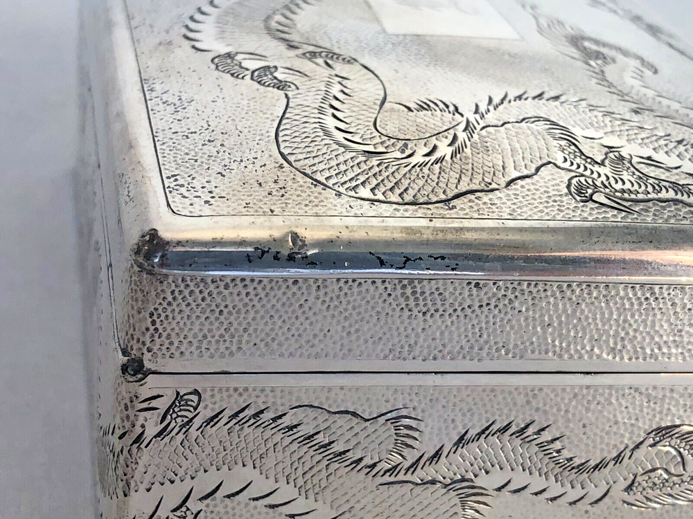 Antique Signed Chinese Sterling Silver Hand Engraved with Dragons Hinged Box.