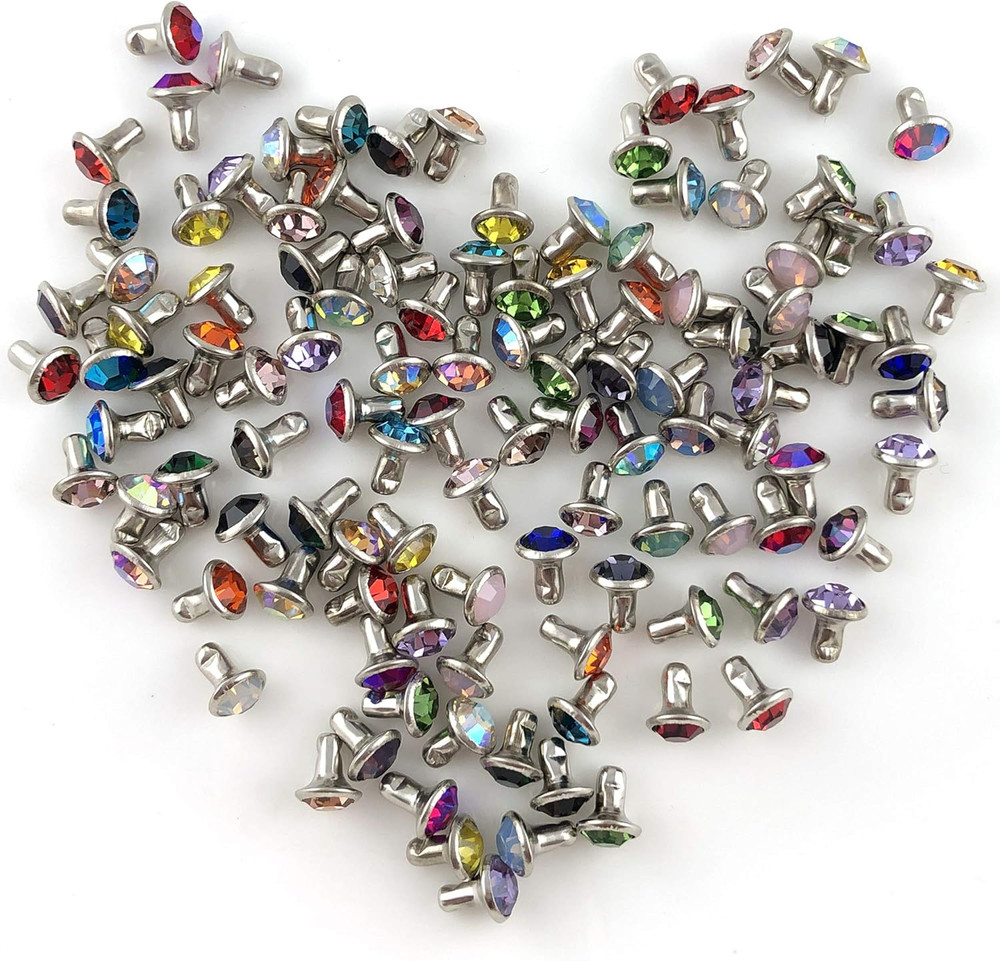 100 Sets 6MM Mixed Colors Cz Crystal Rivets Rhinestone Rivets Studs Rapid Rivets