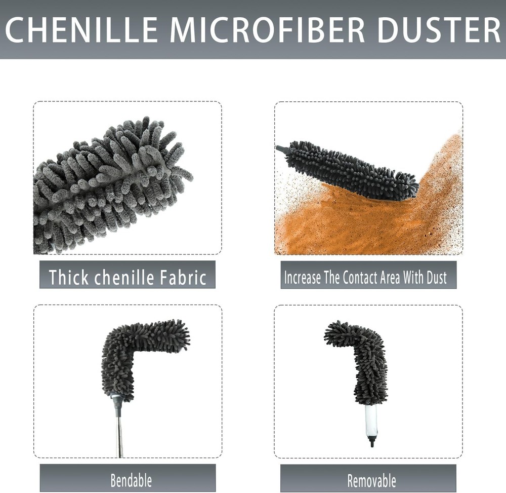 4 Pcs Microfiber Cobweb Duster with 100" Extension Pole,Bendable Ceiling Fan Dus