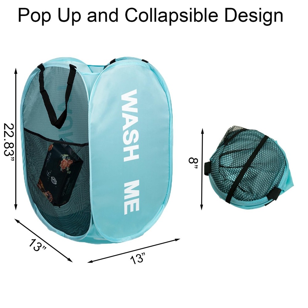 Mesh Pop Up Laundry Hamper with Handles, Collapsible Laundry Basket Side Pock...