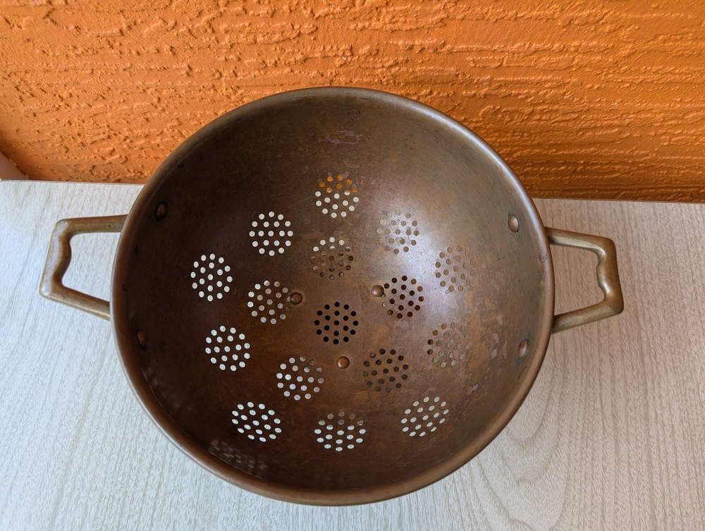 Vintage Brass Footed Colander Strainer Bowl w Handles Rustic Kitchen Decor