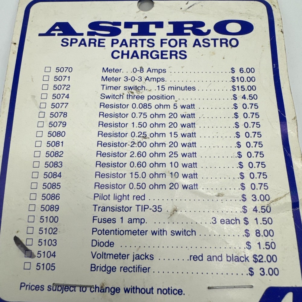Vintage Astro Flight INC Replacement Pilot Light Red Battery Charger 5086