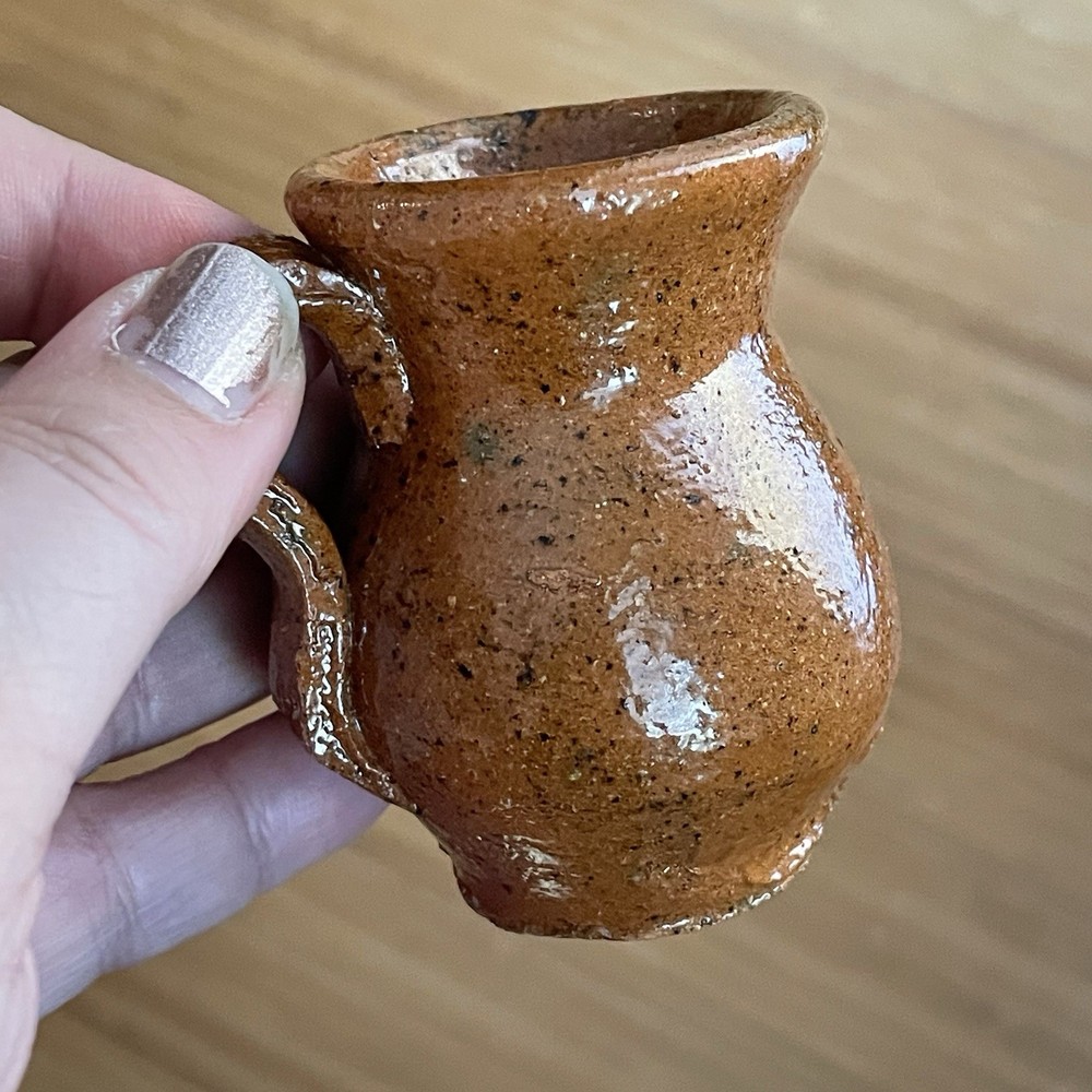 Vintage small speckled redware pottery creamer rustic