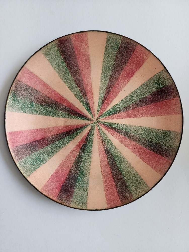 Vintage enameled copper dish, abstract design, 6" diameter, signed