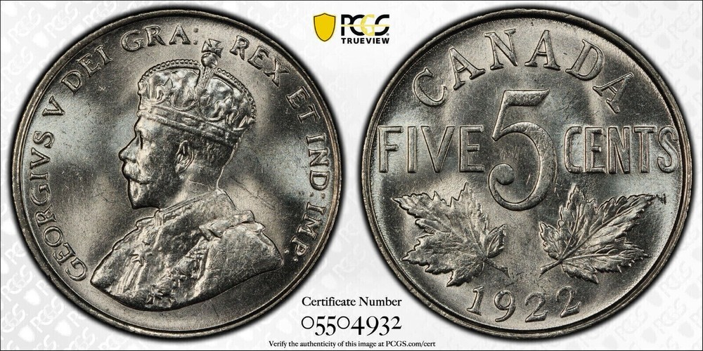Canada, 1922 George V Five Cent, 5 Cent, PCGS MS 64. 4,794,119 Mintage.