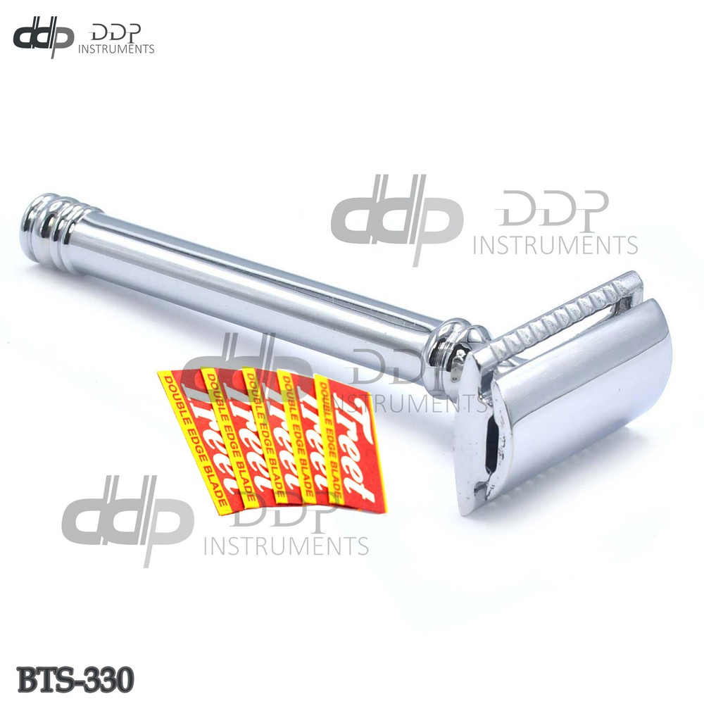 Plain Long Handle Safety Razor Chrome Plated +5 Blades Double Edge BTS-330