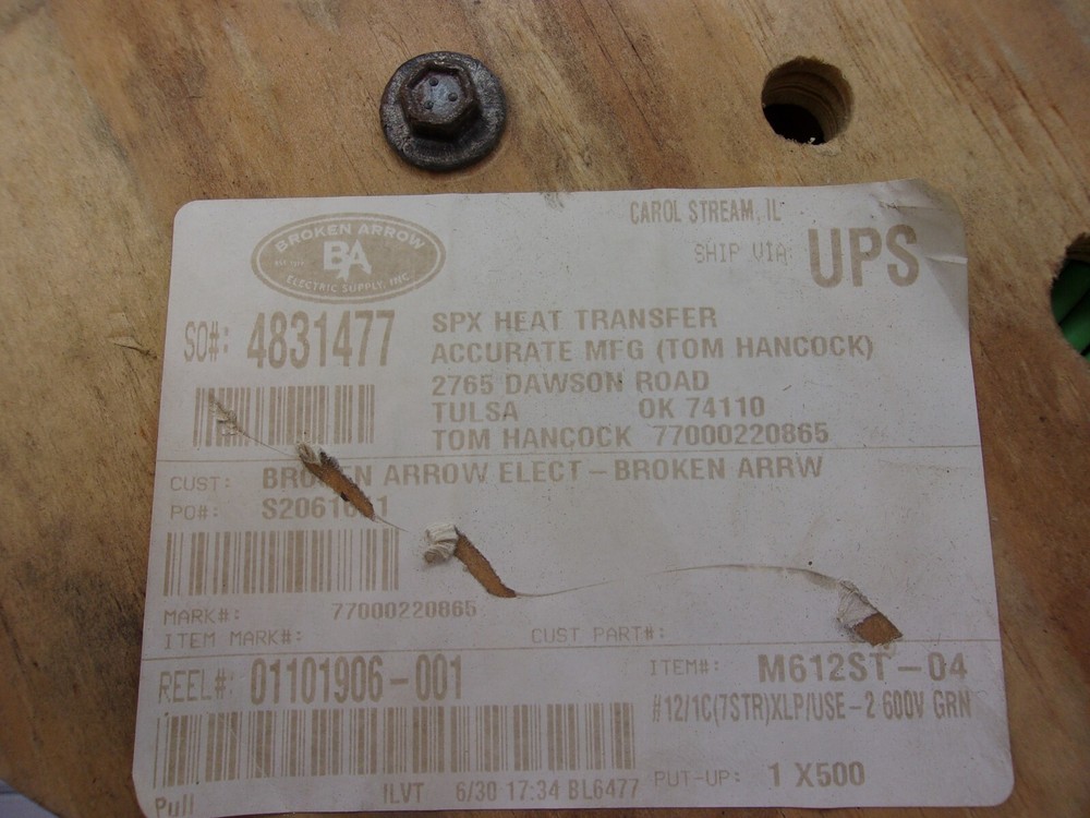 BA M612ST-04, 600V GREEN WIRE 500', 2017A