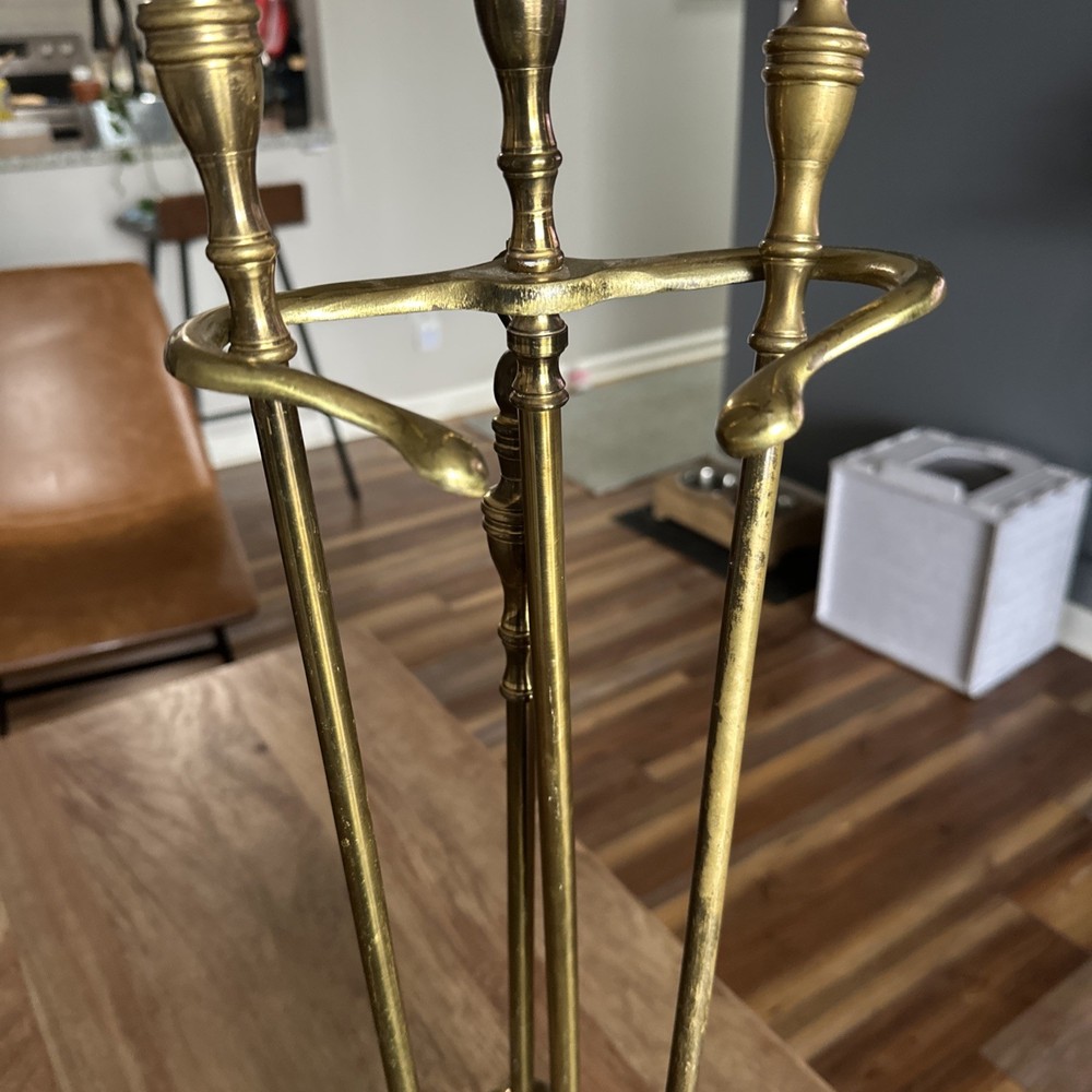 Vintage 4 Piece Brass Fire Place Tool Set with Base Place Holders