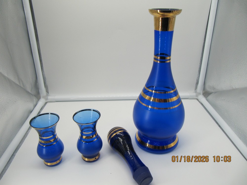 Cobalt Blue Gold Decorated Decanter Set 2 Glasses
