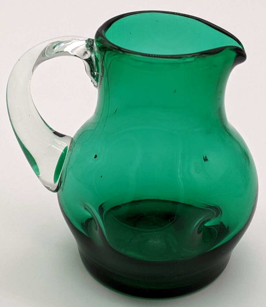Hand Blown Green Pinched Art Glass Pitcher Applied Clear Handle