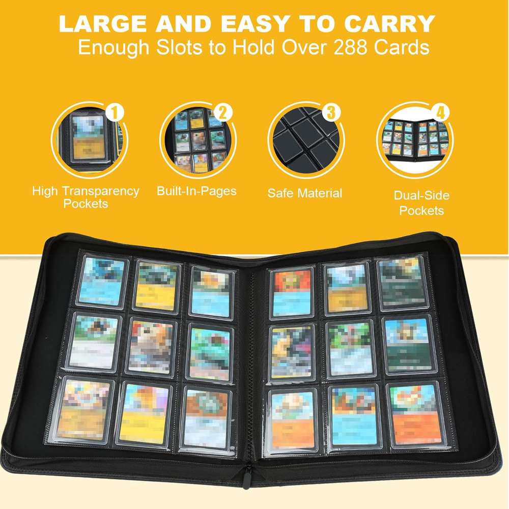 288-Card Toploader Binder with Sleeves, Double-Sided Storage, Black