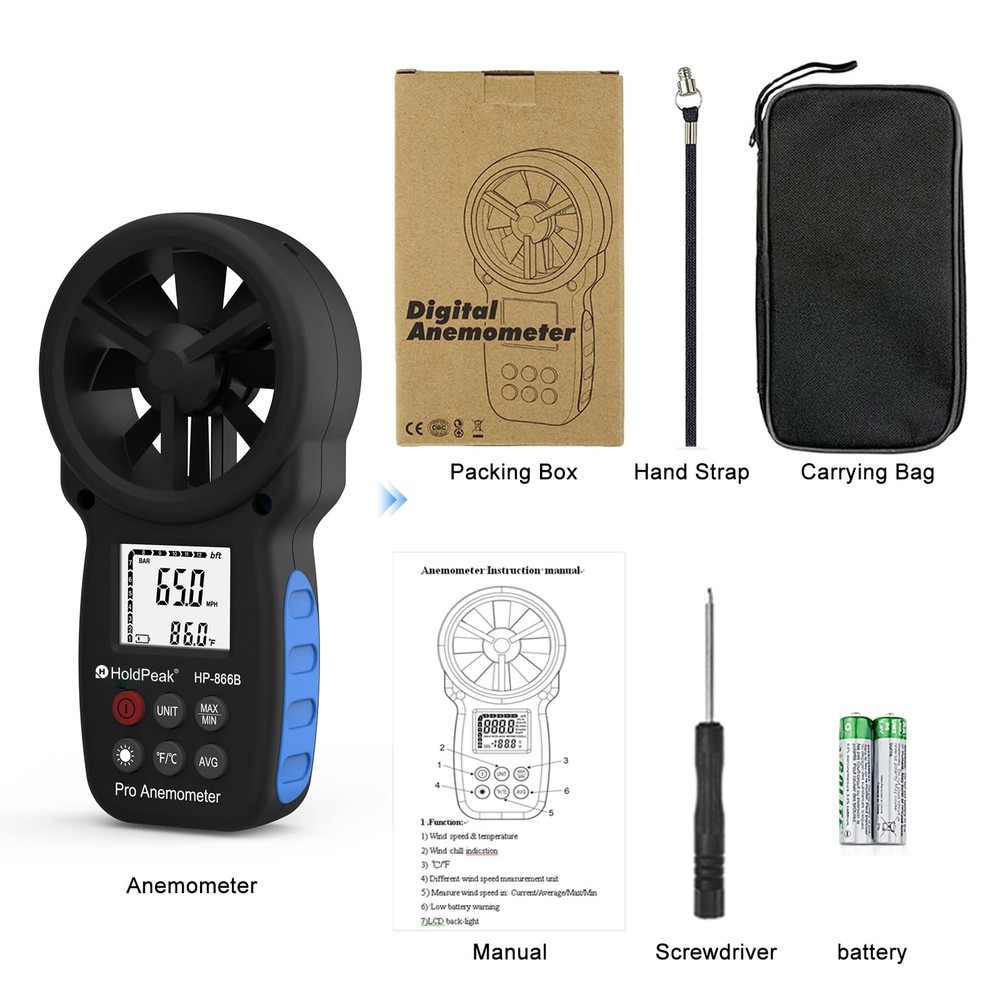HoldPeak 866B Digital Anemometer Handheld Wind medium, 1Pcs
