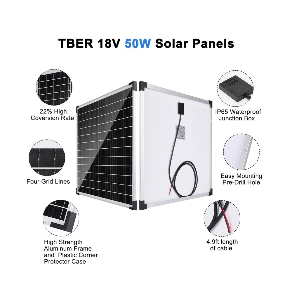 TBER 50W/12V Solar Panel Kit with 10A Charge Controller, Monocrysta... Fast Ship