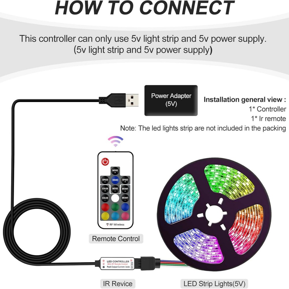 RGB Led Light Strip Controller 17-Key RF Wireless Remote DC5V USB Socket