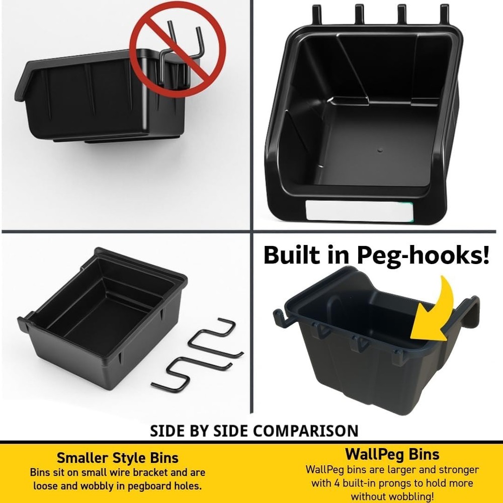 Pegboard Bins - 12 Pack - Hooks to Peg Board - Organize Hardware, Accessories,