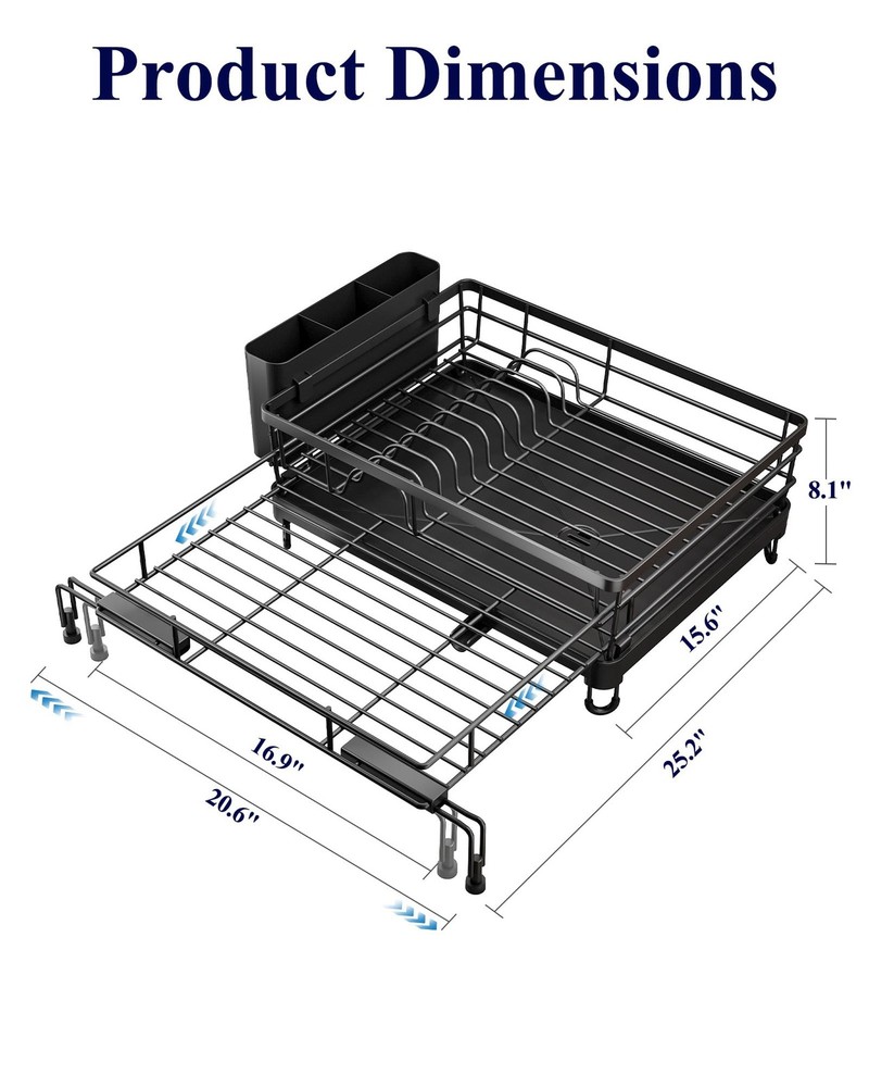 Extendable Dish Drying Rack Rust Resistant Adjustable Legs Cutlery Black