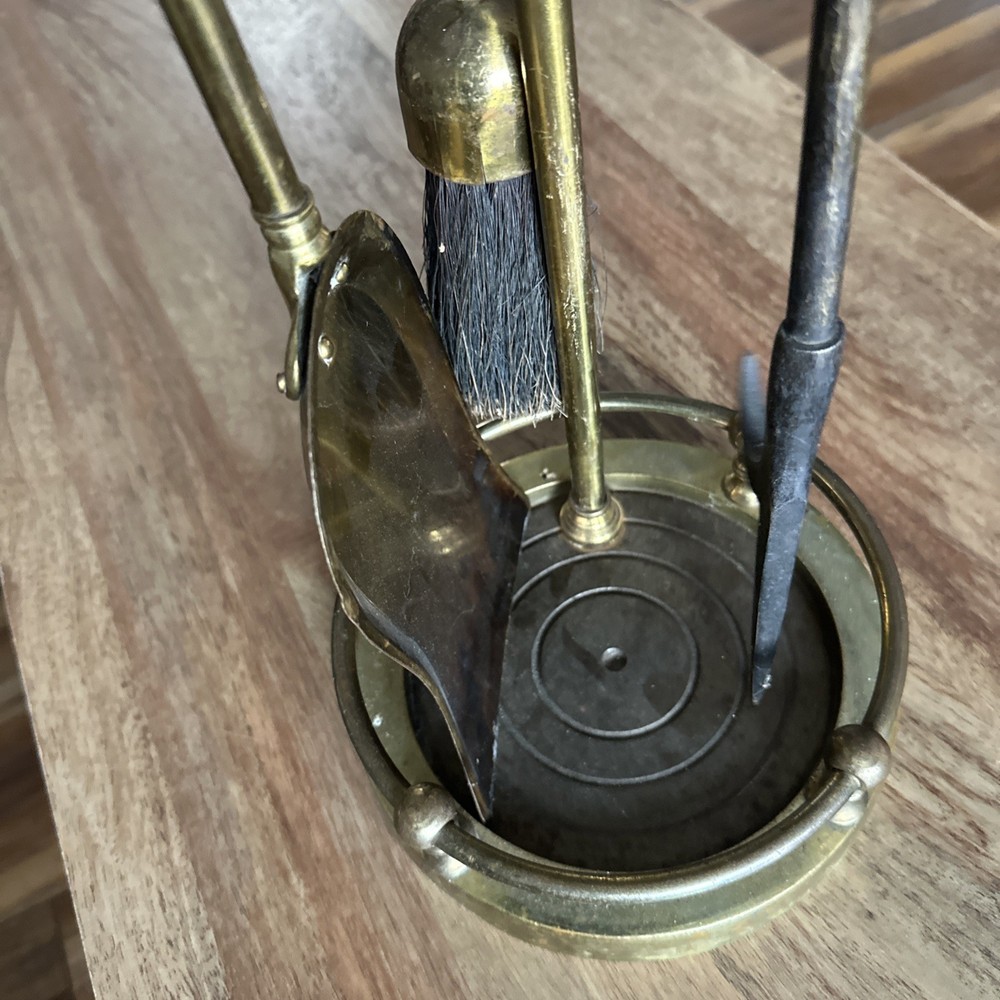 Vintage 4 Piece Brass Fire Place Tool Set with Base Place Holders