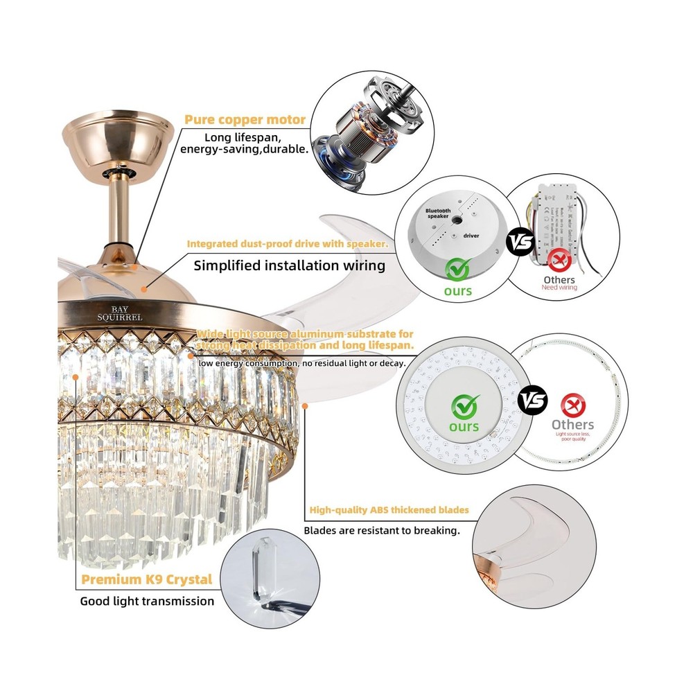 Retractable Crystal Ceiling Fan with Lights and Remote/APP Control, Bluetooth...