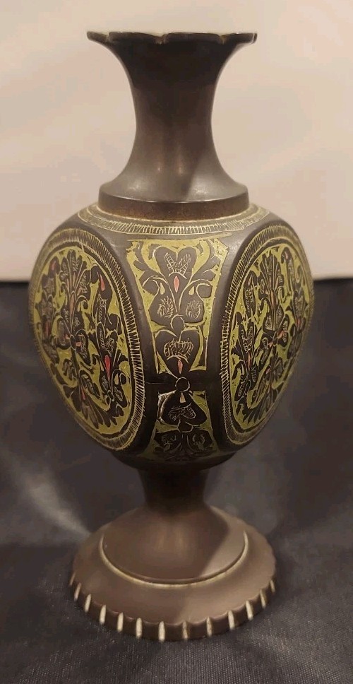 Three-Sided Indian Brass Enamel Hand Painted Floral Vase