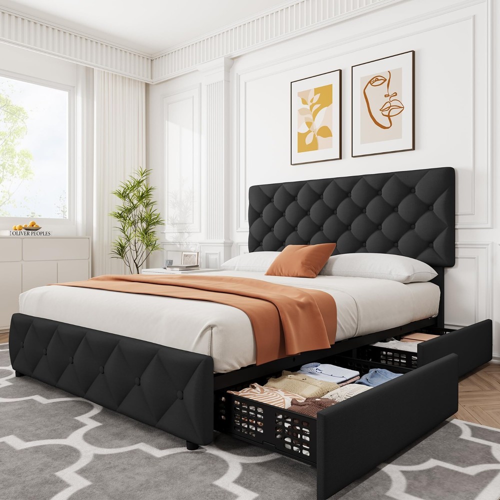 Full Queen King Size Linen Upholstered Platform Bed Frame with 4 Storage Drawers