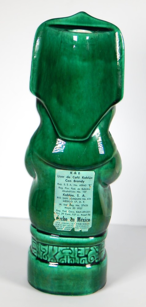 1937 AZTEC KAHLUA BOTTLE DECANTER HAND MADE CERAMIC GREEN TIKI K&B EMPTY LABEL