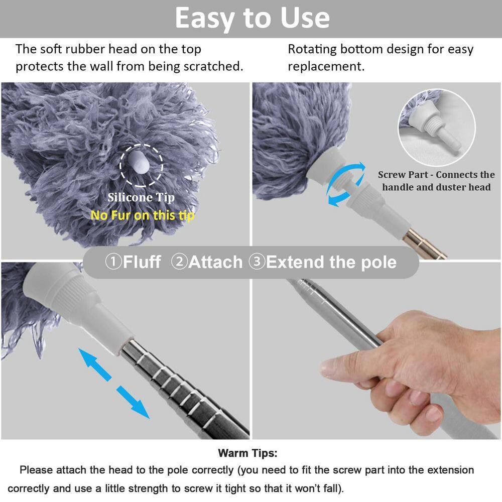 Microfiber Feather Duster Extendable 30 to 100 In. Long Pole Bendable Head for C