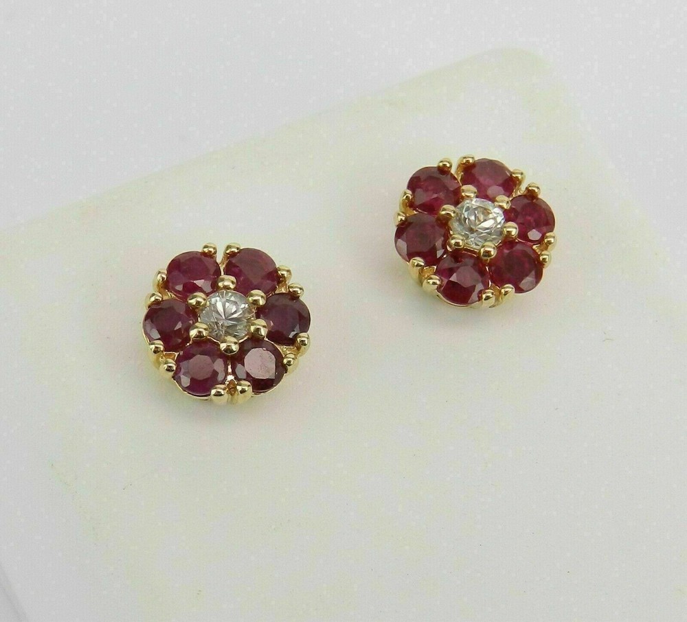 1Ct Lab Created Ruby Stud Earrings Flower Wedding Studs 14k Yellow Gold Finish