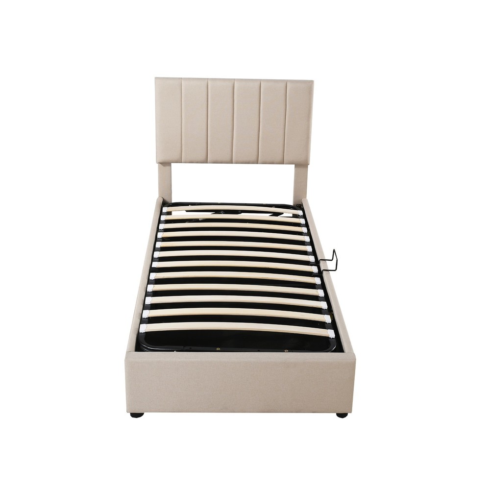 Twin Size Upholstered Platform Bed with a Hydraulic Storage System, Beige