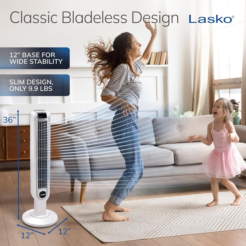 Lasko Oscillating Tower Fan with Remote Control, 3 Quiet Speeds, Timer for Bedro