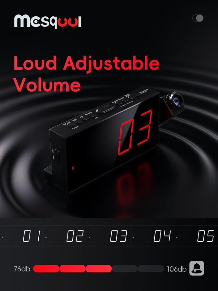 Projection Alarm Clock, Digital with Projection, Red Digits,