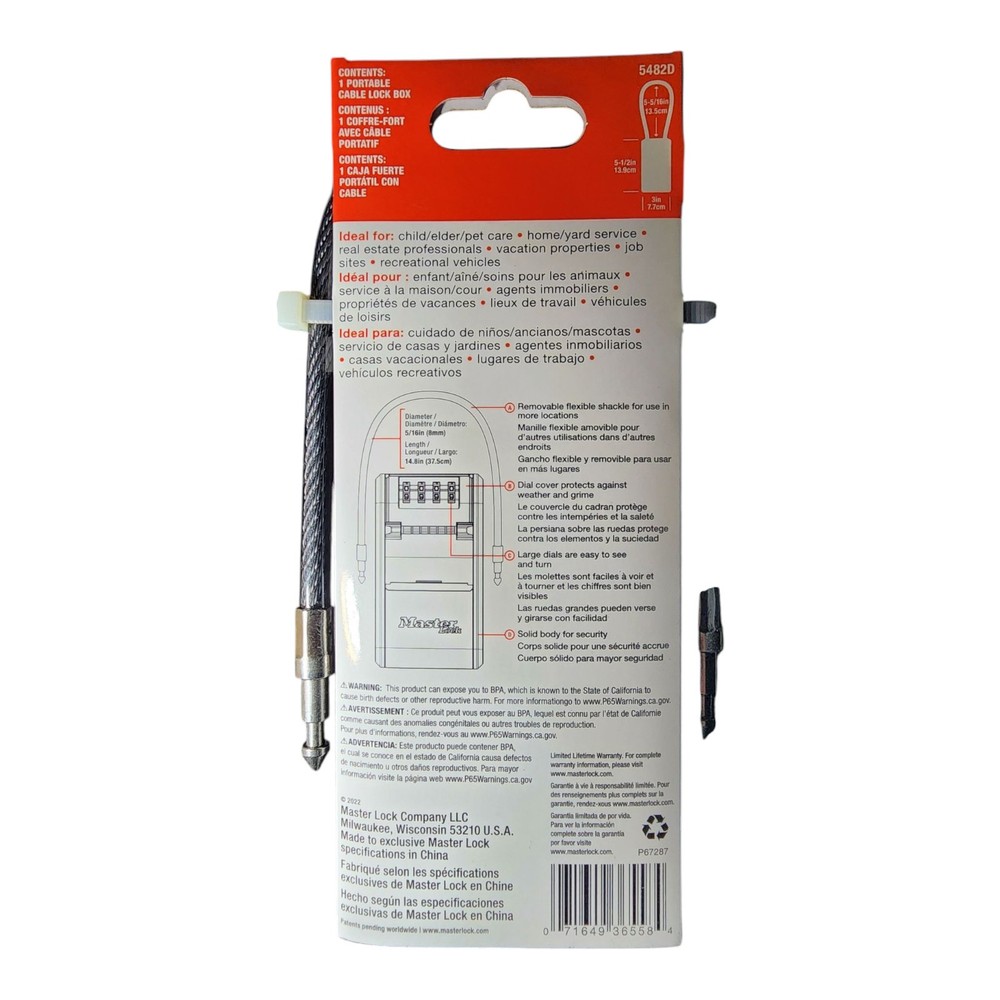 Master Lock Large Removable Cable Key Lockbox Combination Dials Security Safe