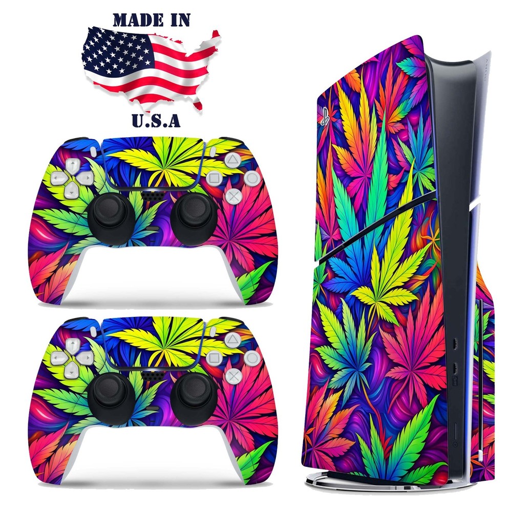 Psychedelic Cannabis Leaf PS5 Console & Controller Vinyl Skin Wrap Decal Set