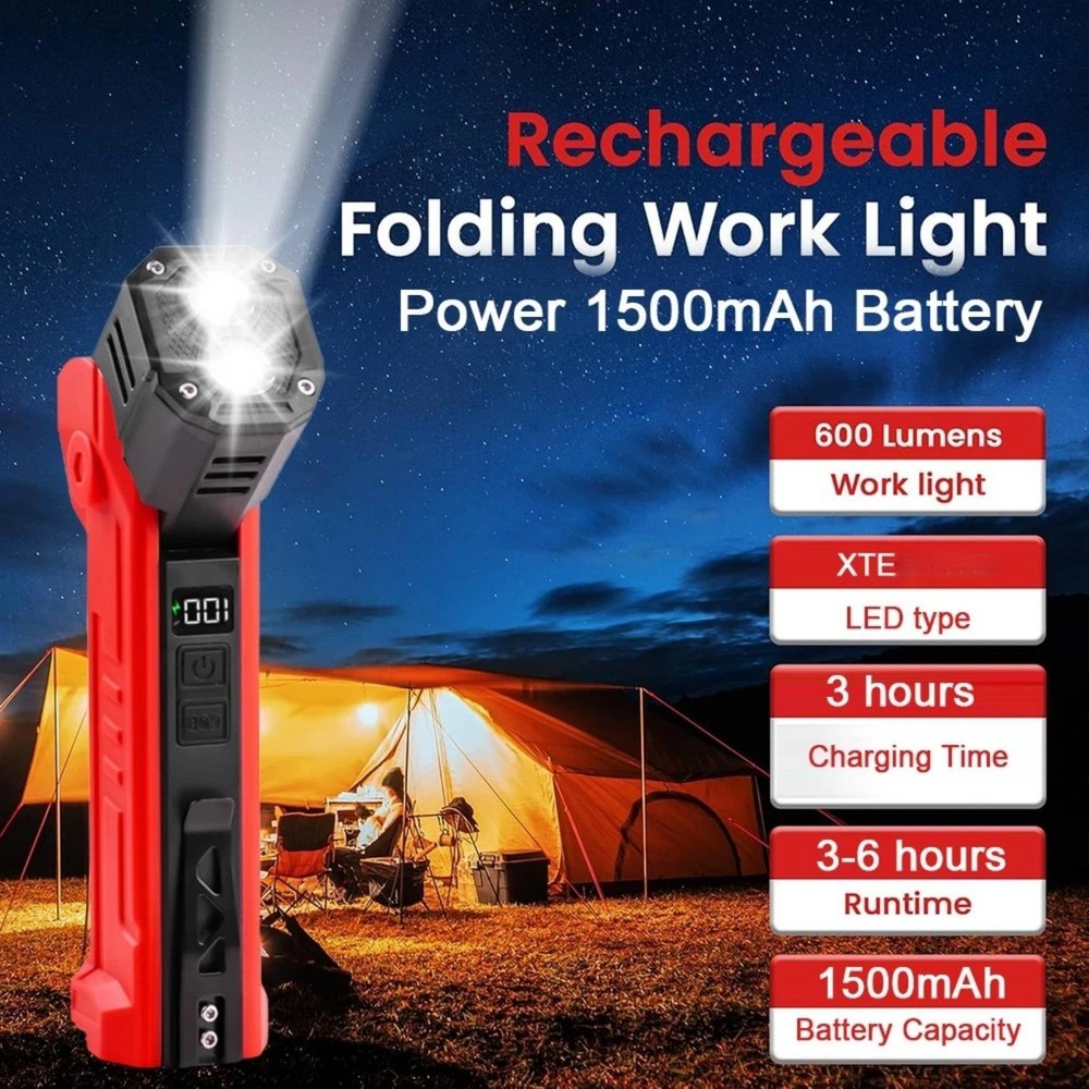 Magnetic Base LED Work Light 600LM Rechargeable Type-C Flashlight Lamp Tool
