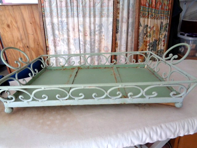 Antique Plant Tray green iron scroll work