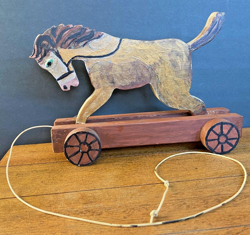 Antique Wooden Horse Pull Toy On Wheels - W/ Pull String & Manually Bucks Up