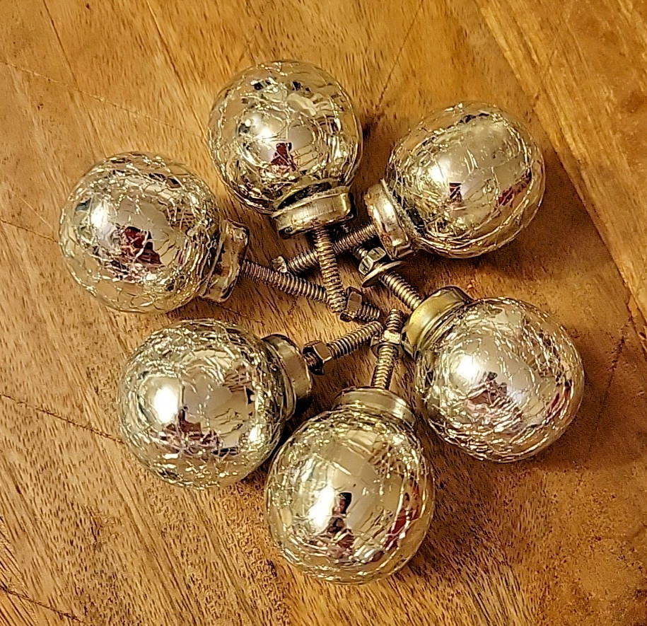 6 SILVER CRACKED MERCURY GLASS CABINET DRAWER HANDLE PULLS 1.5” Diameter