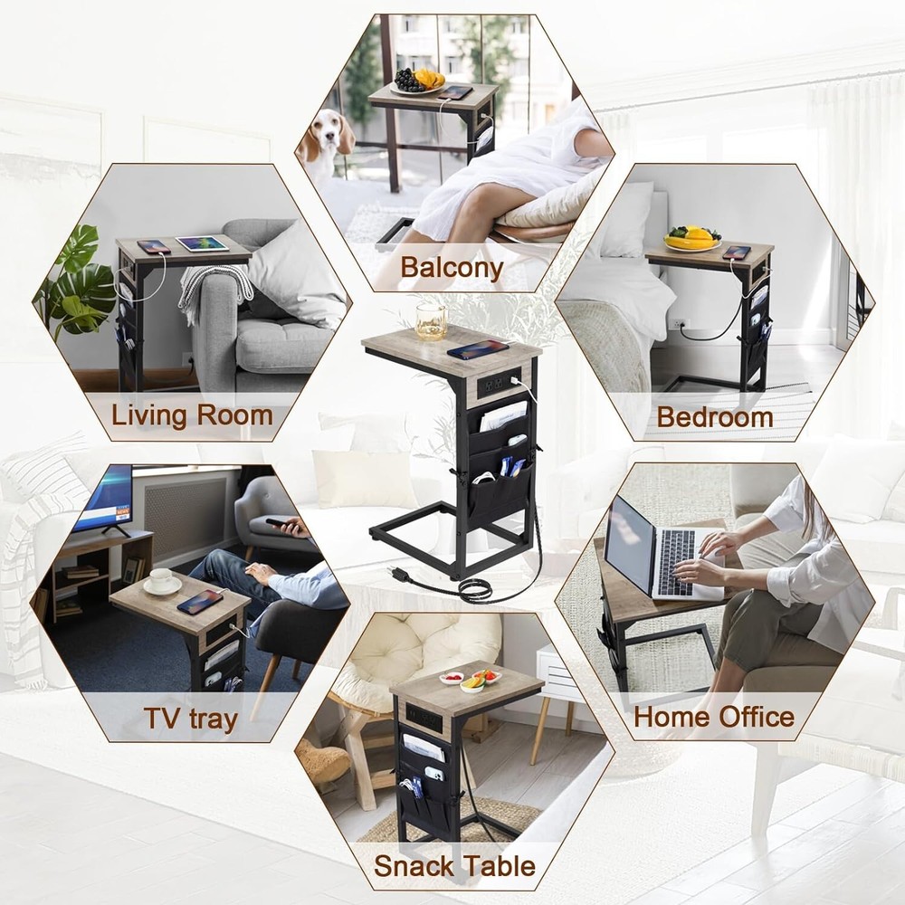 Tech-Savvy C-Shaped End Tables Set with Charging Station & Storage Pockets