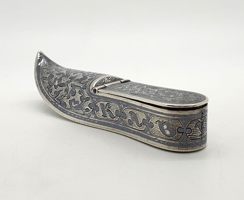 Antique Russian Silver & Niello Shoe Vesta Case