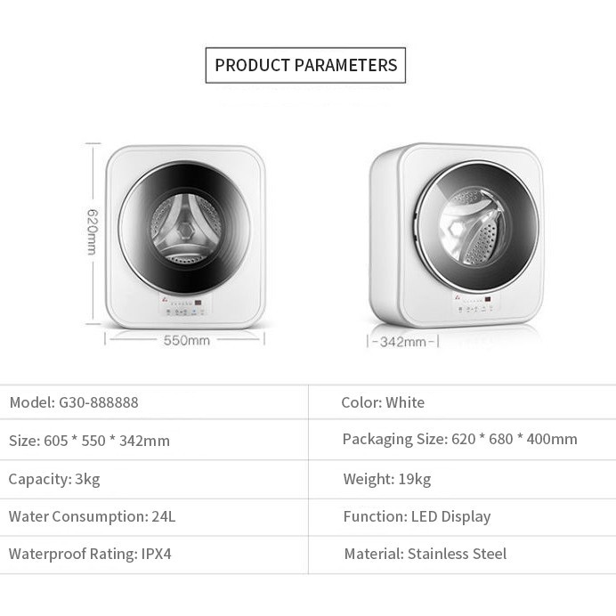 3KG220V Fully Automatic Wall Mounted Loading Mini Washing and Drying Machine