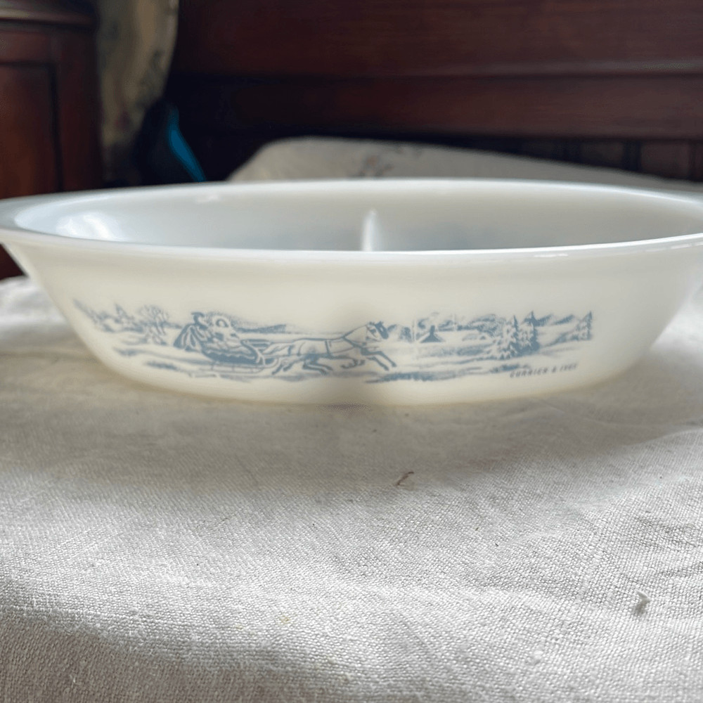 Vintage Glasbake divided dish Currier & Ives