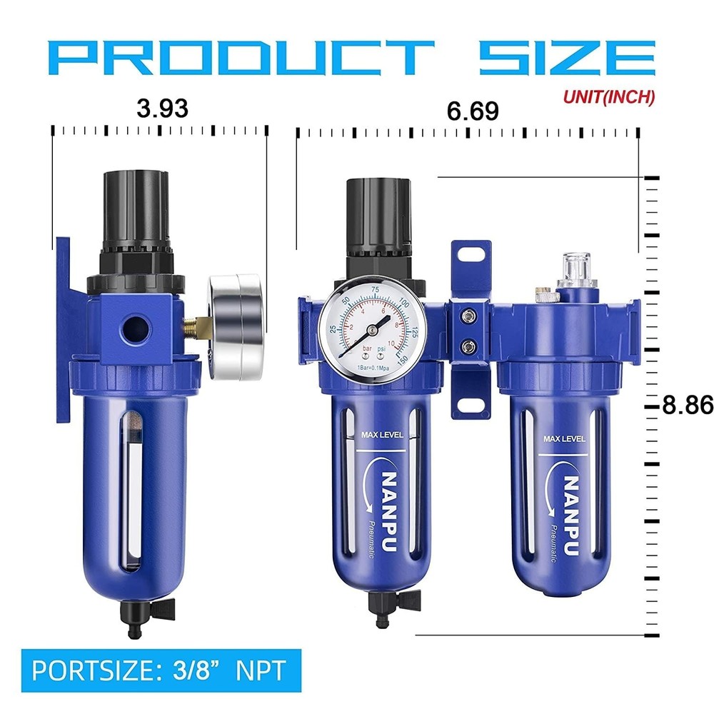 Durable 3/8" NPT Air Filter Regulator Lubricator with 5 Micron Brass Element