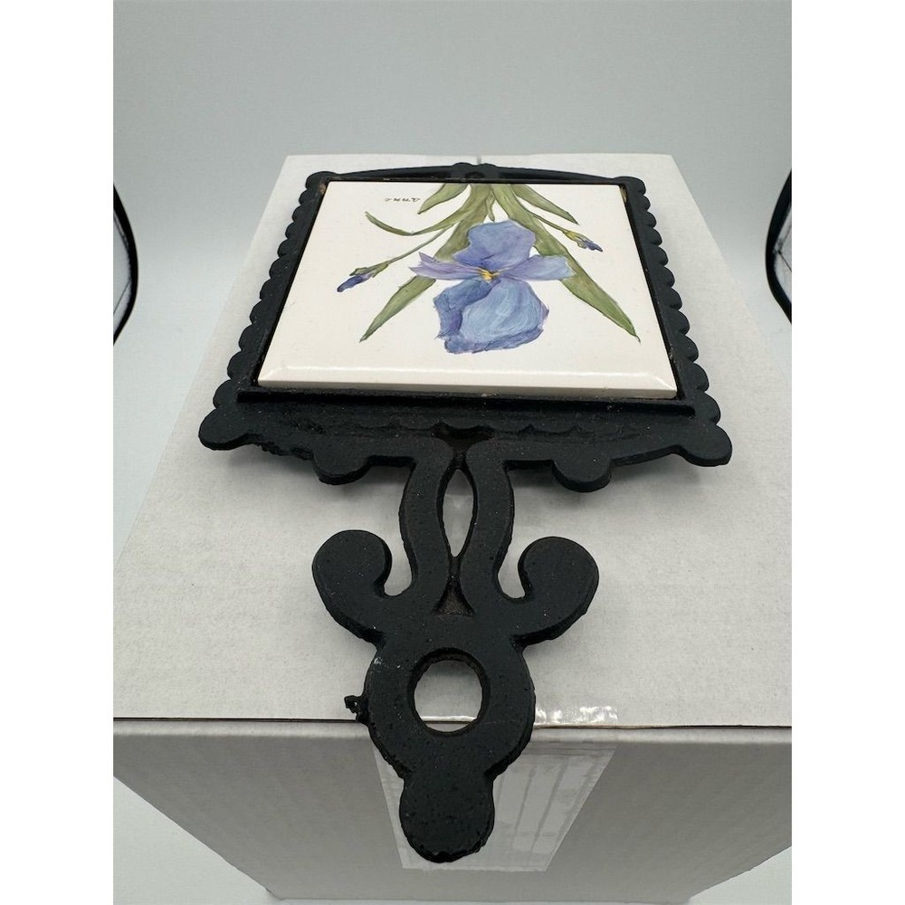 Vintage Hand-Painted Ceramic Trivet Blue Iris Design Kitchen Decor KS